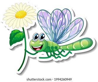 Sticker template with cartoon character of a dragonfly holding a flower isolated illustration