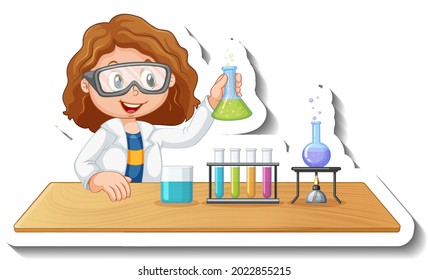 Sticker template with cartoon character of a student doing chemical experiment illustration