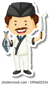 Sticker template with a chef man holds fish and knife isolated illustration