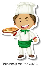 Plantilla adhesiva con un chef que sostiene una bandeja de pizza ilustración aislada