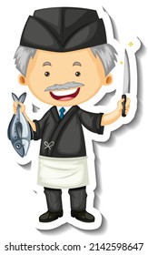 Sticker template with a chef man holds fish and knife isolated illustration