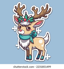 Sticker template with christmas deer, xmas reindeer stickers with ornament. Winter collection