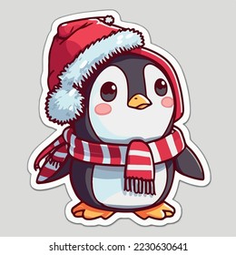 Sticker template with christmas penguin, xmas penguin in hat printable stickers sheet.