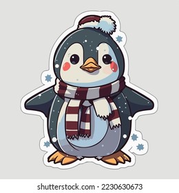 Sticker template with christmas penguin, xmas penguin in hat stickers isolated decoration.