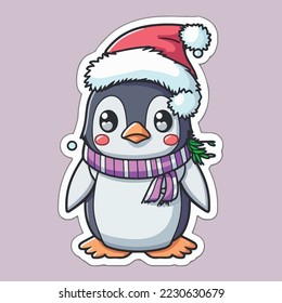 Sticker template with christmas penguin, xmas penguin in hat stickers collection.