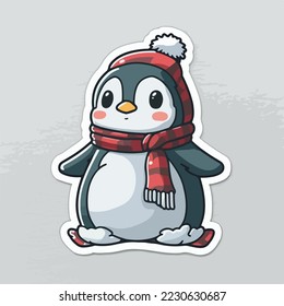 Sticker template with christmas penguin, xmas penguin in hat stickers elements. New-year collection