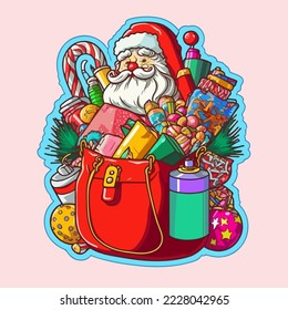 Sticker template with christmas santa's bag, xmas bag full of toys stickers elements.