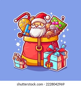 Sticker template with christmas santa's bag, xmas bag full of toys stickers decoration.