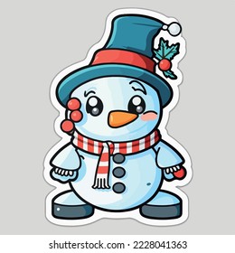 Sticker template with christmas snowman, xmas snowman in hat stickers cute. New-year collection