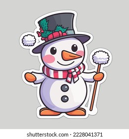 Sticker template with christmas snowman, xmas snowman in hat stickers isolated decoration.