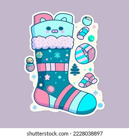 Sticker template with christmas socks, xmas sock stickers elements. Winter holidays