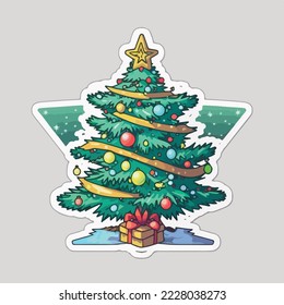 Sticker template with christmas tree, xmas tree with toys stickers pack. New-year collection