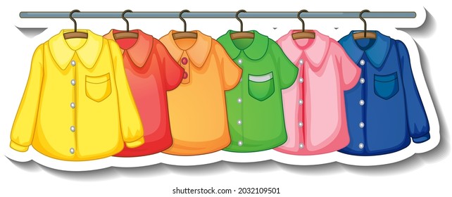 A sticker template of Clothes racks with many clothes on hangers on white background illustration