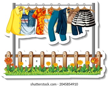 Una plantilla de sticker de Racks de ropa con mucha ropa en perchas en la ilustración de fondo blanco
