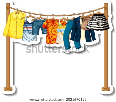A sticker template of Clothes racks with many clothes on hangers on white background illustration