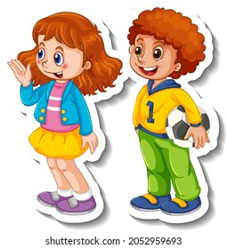 Sticker template with a couple kids cartoon character isolated illustration