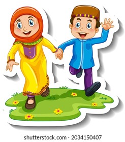 A sticker template with a couple of muslim kids cartoon character illustration