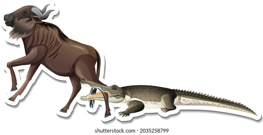 A sticker template of crocodile and wildebeest illustration