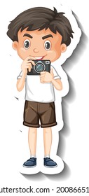 Una plantilla de pegatina con un chico lindo sosteniendo la imagen del personaje de la caricatura de la cámara
