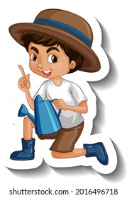 A sticker template with a cute boy holding watering can illustration