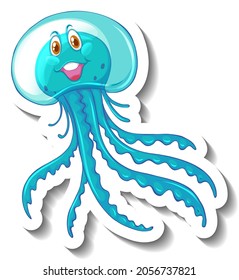 A sticker template with cute jellyfish cartoon character illustration