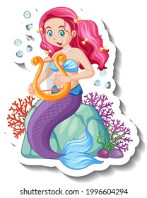 A sticker template with cute mermaid cartoon character illustration