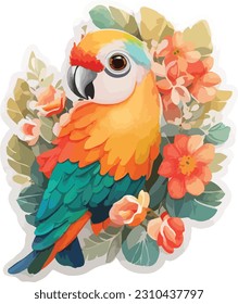 sticker template of cute parrot cartoon character vector illustrator