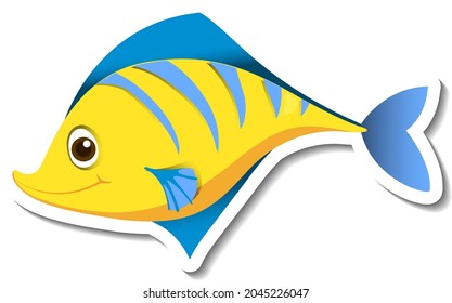 Sticker template with cute yellow fish cartoon character isolated illustration