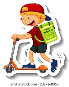 A sticker template with delivery boy riding scooter  illustration