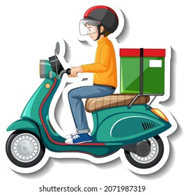 A sticker template with delivery man on motor scooter illustration