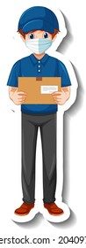 A sticker template with delivery man in uniform holding boxes illustration