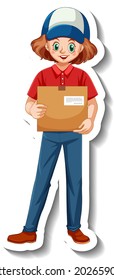 A sticker template with delivery woman in uniform holding boxes illustration