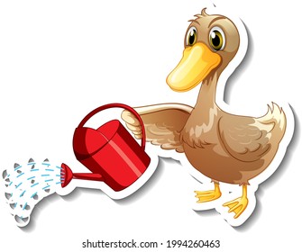 Sticker template with a duck holding watering can cartoon character isolated illustration