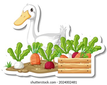 Sticker template with a duck and many vegetable isolated illustration