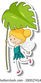Sticker template with a fairy cartoon character holding a leaf isolated illustration