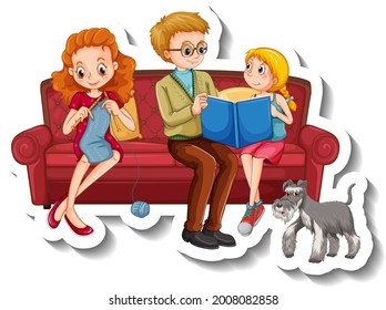 A sticker template with family members doing different activities on sofa illustration