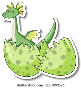 Sticker template with fantasy dragon hatching from an egg illustration