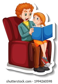 A sticker template with father and his daughter reading a book together illustration