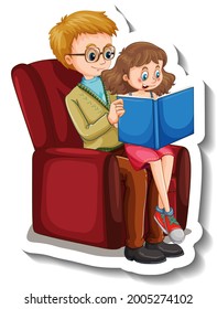 A sticker template with a father and his daughter reading a book illustration