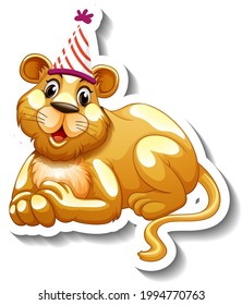 A sticker template with a female lion wearing party hat illustration