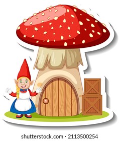 A sticker template with garden gnome and mushroom house illustration