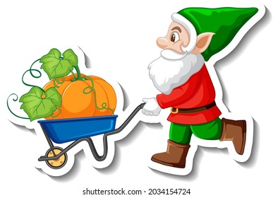 A sticker template with garden gnome and pumpkin in wheelbarrow illustration