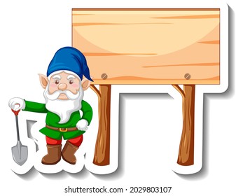 A sticker template with garden gnome standing beside blank wooden banner illustration