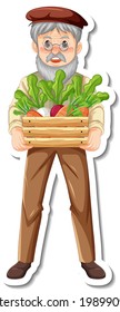 Plantilla de pegatinas con un anciano jardinero sujeta ilustración aislada de caja vegetal