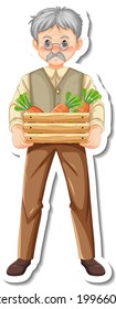 Sticker template with a gardener old man holds vegetable box isolated illustration