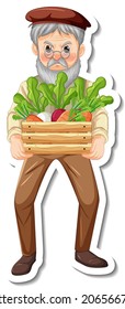 Plantilla de pegatinas con un anciano jardinero sujeta ilustración aislada de caja vegetal