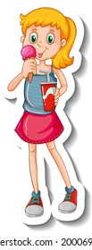 Sticker template with a girl eating ice-cream cartoon character isolated illustration