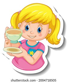 Sticker template with a girl holding a cup of tea isolated illustration