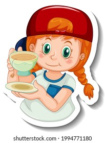 Sticker template with a girl holds a cup of tea cartoon character isolated illustration