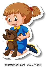 Sticker template with a girl playing with her teddy bear isolated illustration